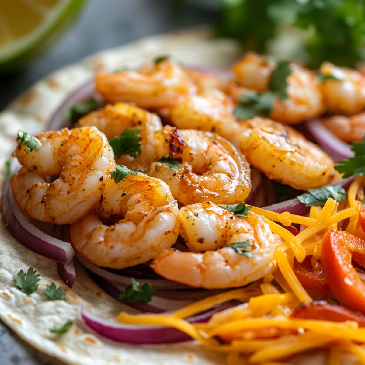 Tortilla being filled with shrimp, cheese, and vegetables before folding.