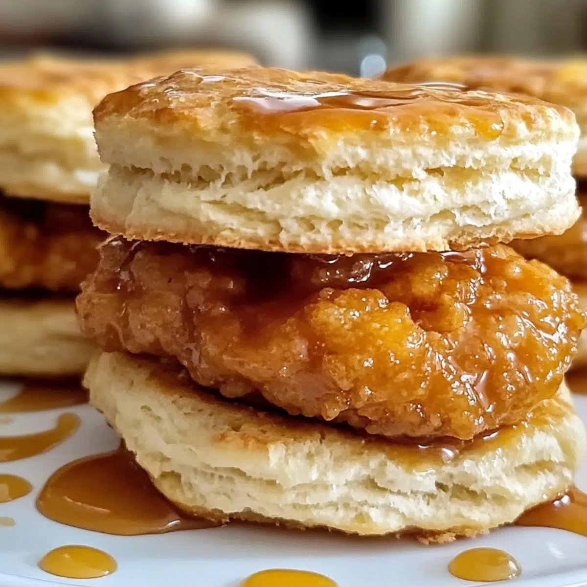 Assembling hot honey chicken biscuits with fried chicken and hot honey drizzle