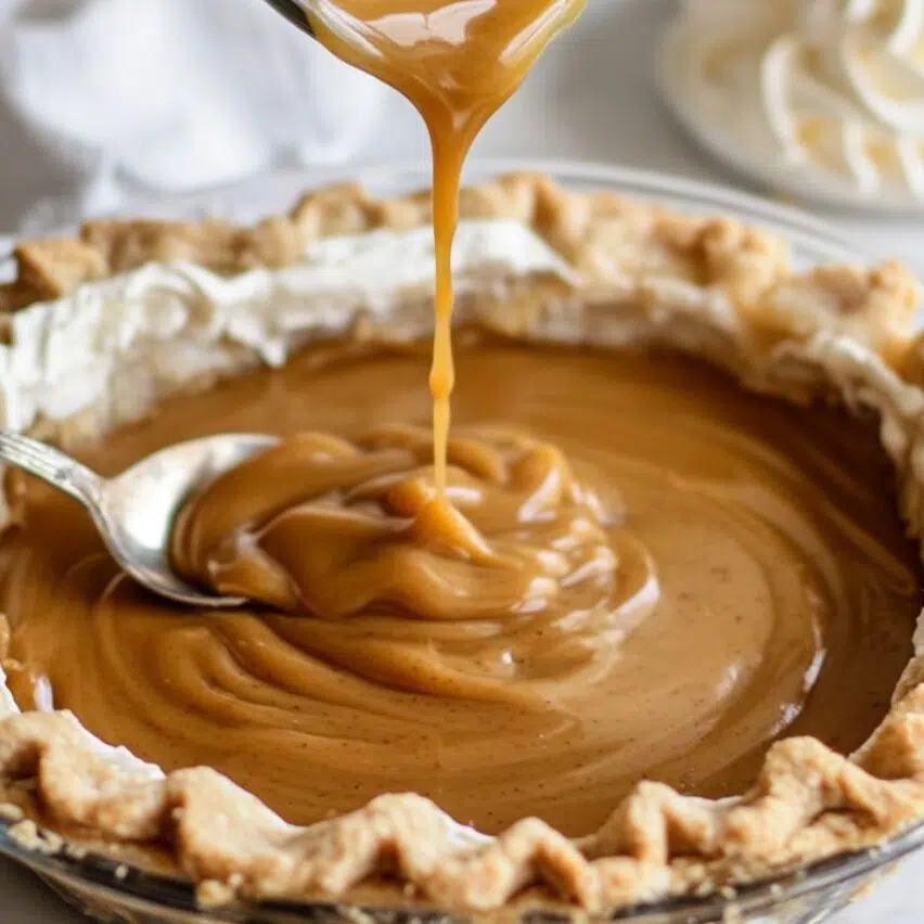 Top-down shot of butterscotch filling being poured into the baked crust.