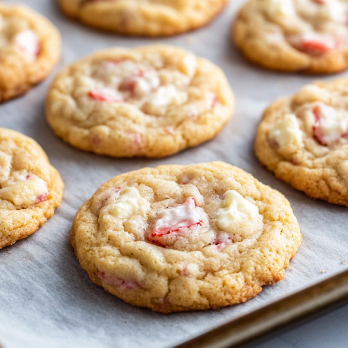 Baked strawberry cheesecake cookies cooling on a baking sheet