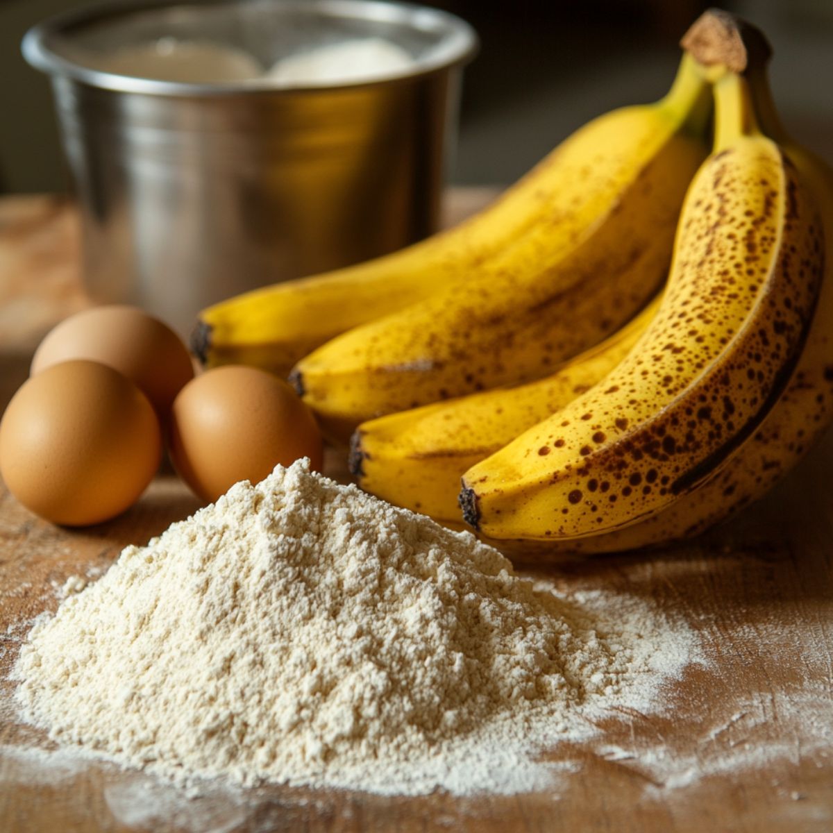 The simple ingredients for 3 ingredient banana bread: ripe bananas, eggs, and self-rising flour.