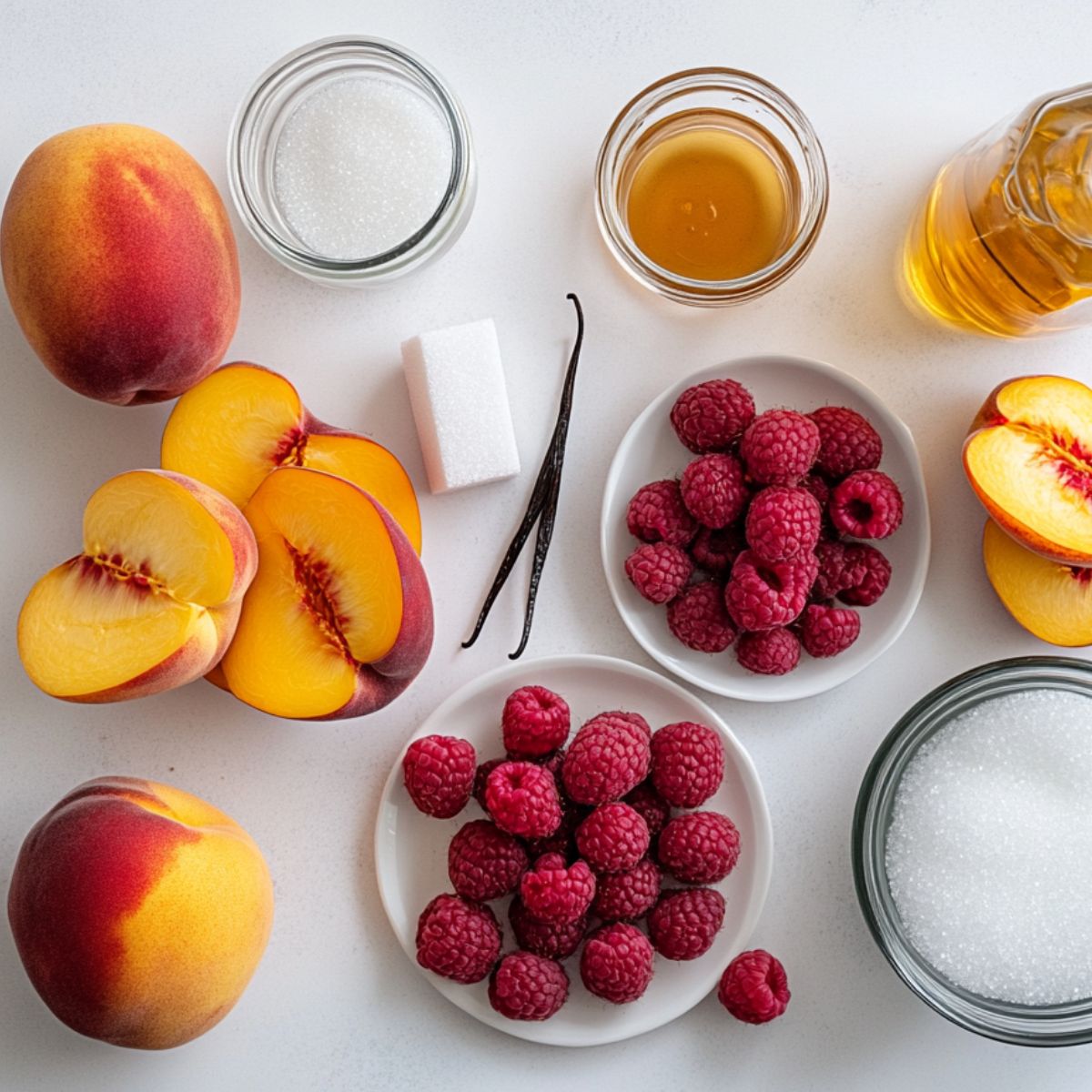 All the ingredients for making Bellini Peach Raspberry Iced Tea laid out on a white kitchen counter.


