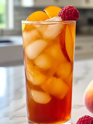 Featured glass of homemade Bellini Peach Raspberry Iced Tea with ice, peach slices, and raspberries on a kitchen counter.
