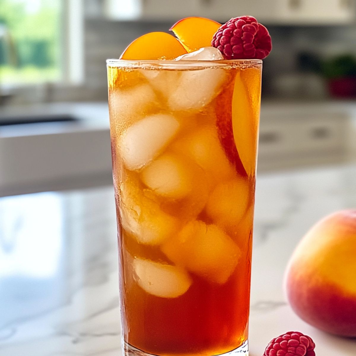 Featured glass of homemade Bellini Peach Raspberry Iced Tea with ice, peach slices, and raspberries on a kitchen counter.