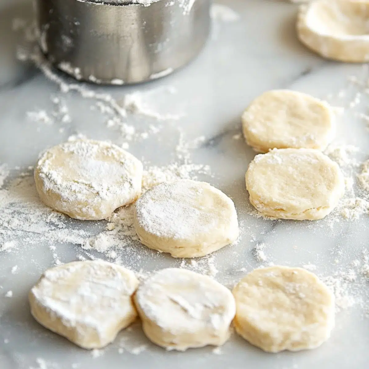 Cutting homemade biscuit dough on a floured counter for hot honey chicken biscuits