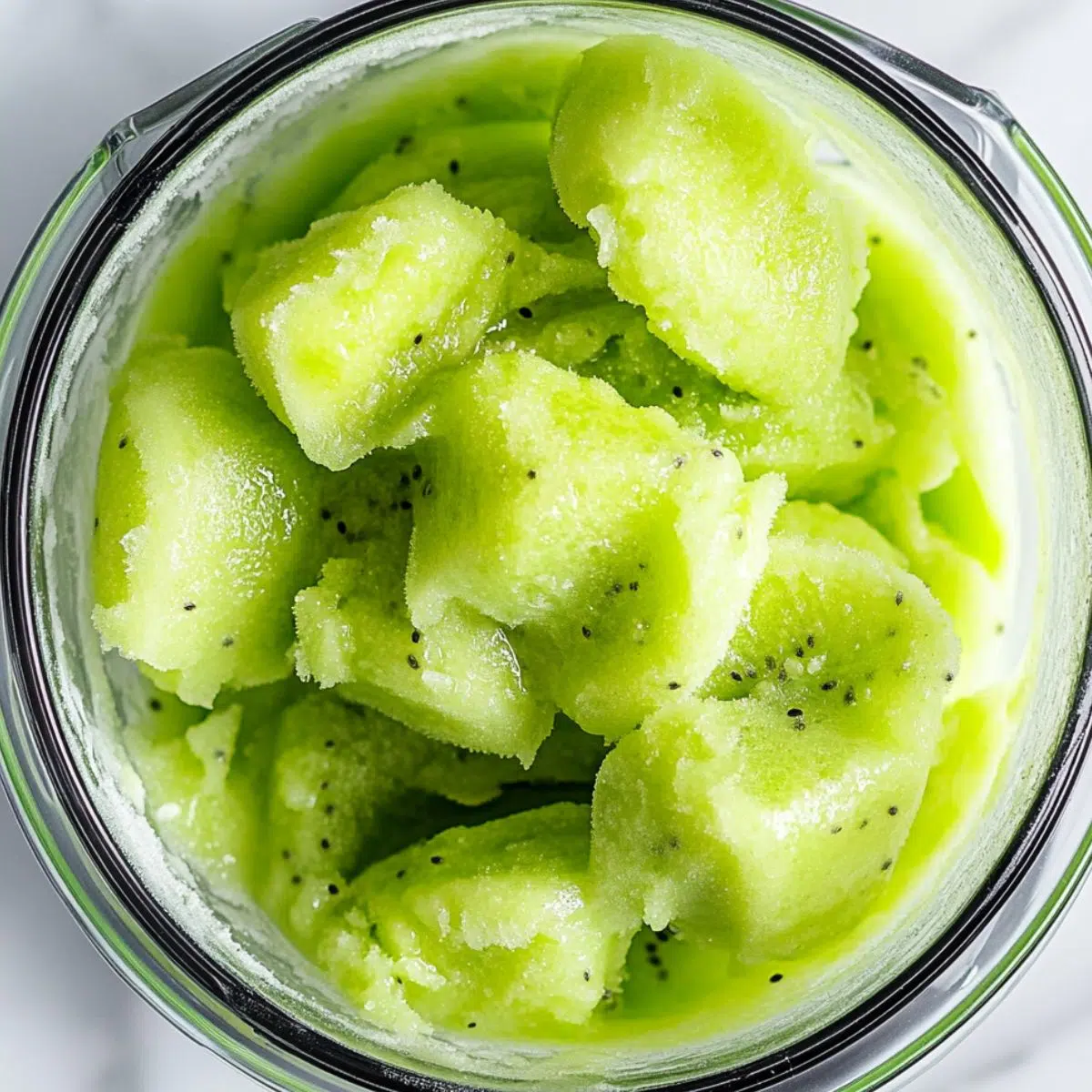 Blender with kiwi sorbet mixture during blending on white kitchen counter