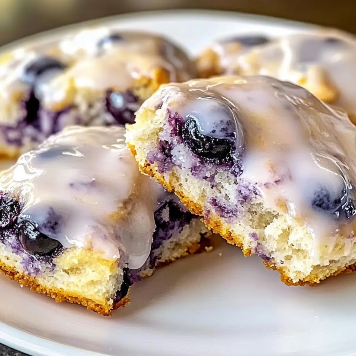 Freshly baked blueberry biscuits with lemon glaze, served on a white kitchen counter