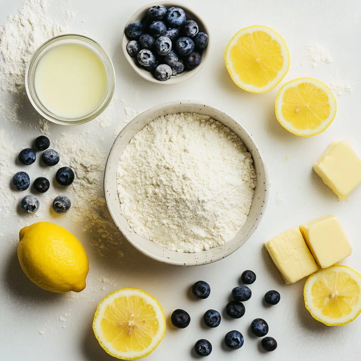  Ingredients laid out for making blueberry biscuits with lemon glaze