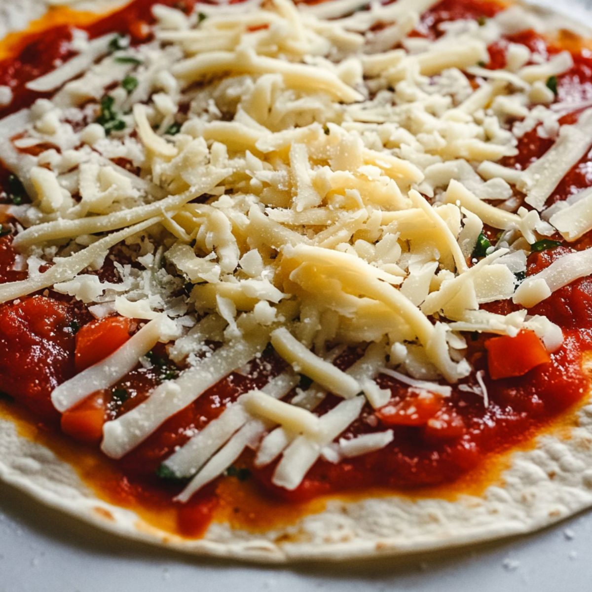 Assembling tortilla pizza with sauce and toppings 