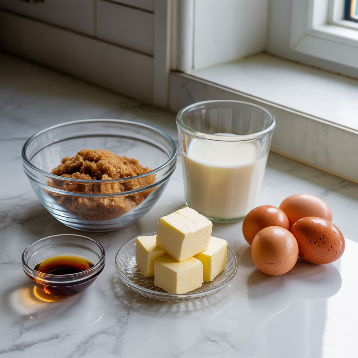 Overhead image of butterscotch pie recipe ingredients on a white marble kitchen counter, casually arranged.