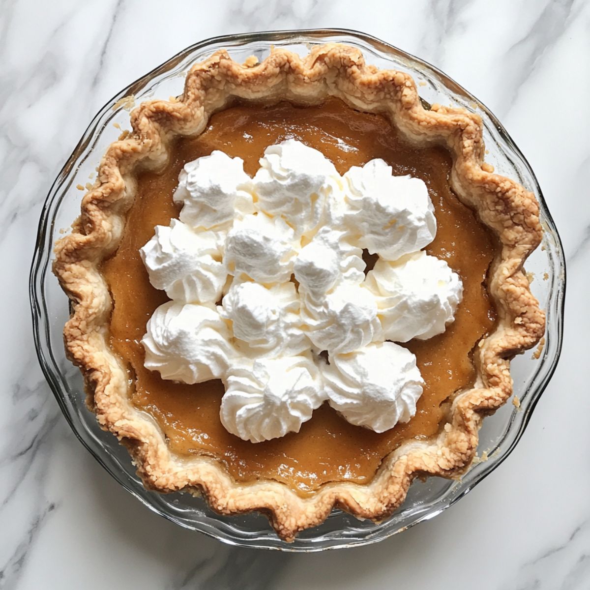 Overhead view of a whole homemade butterscotch pie recipe topped with whipped cream on a white marble counter.
