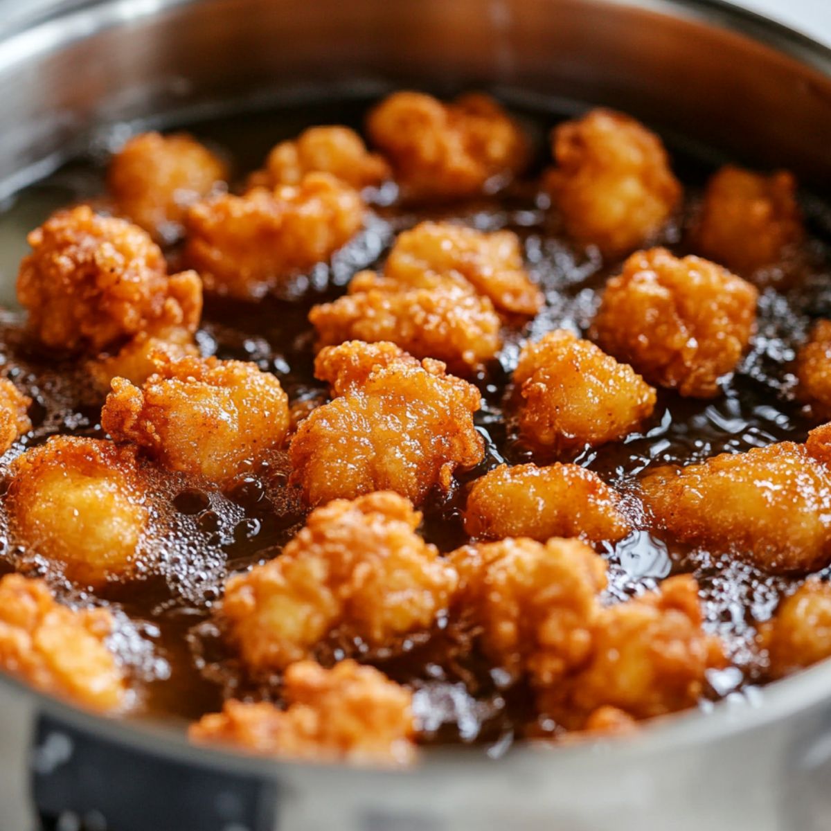 Spicy popcorn chicken frying in oil until golden brown