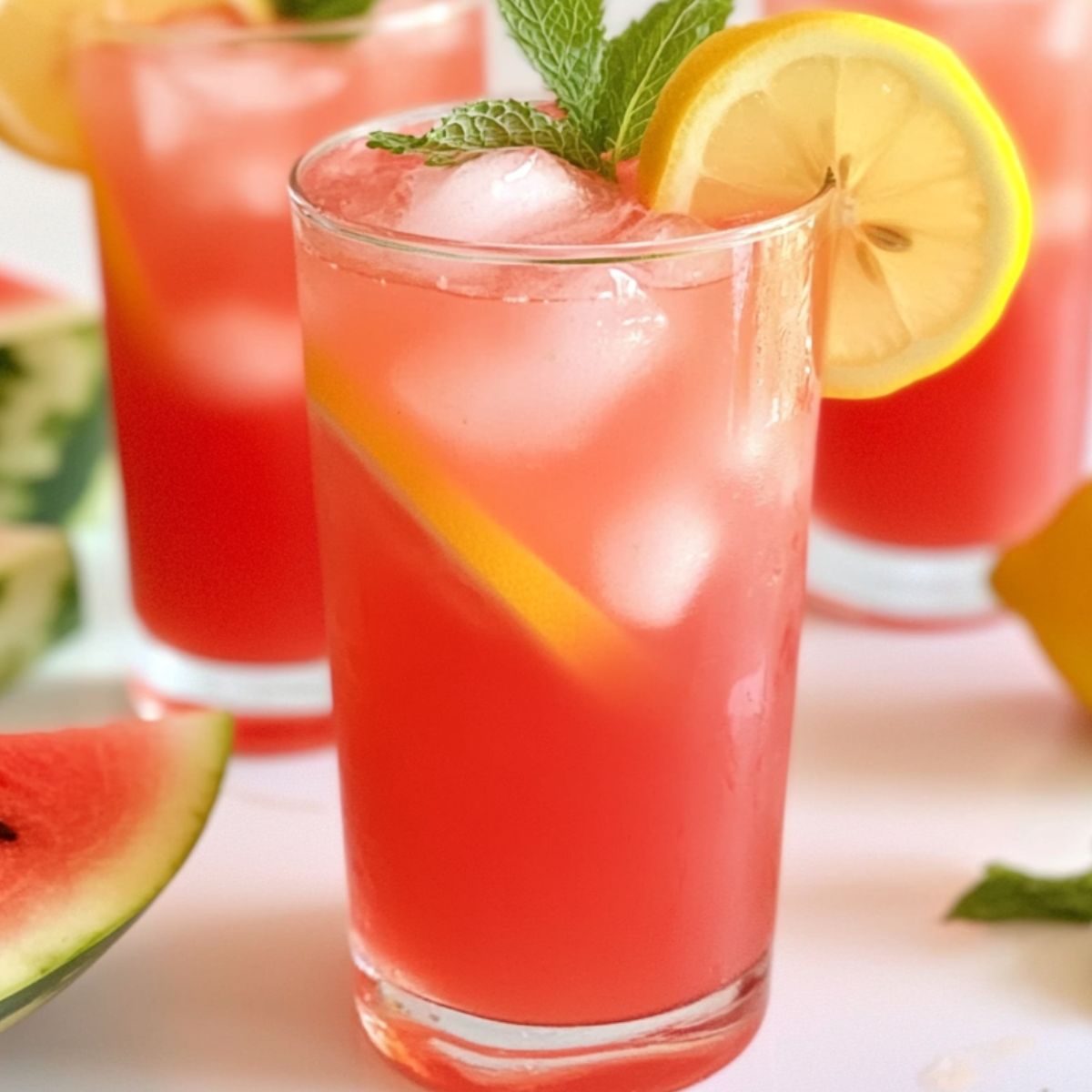  Glasses of chilled watermelon mint lemonade with ice and garnishes