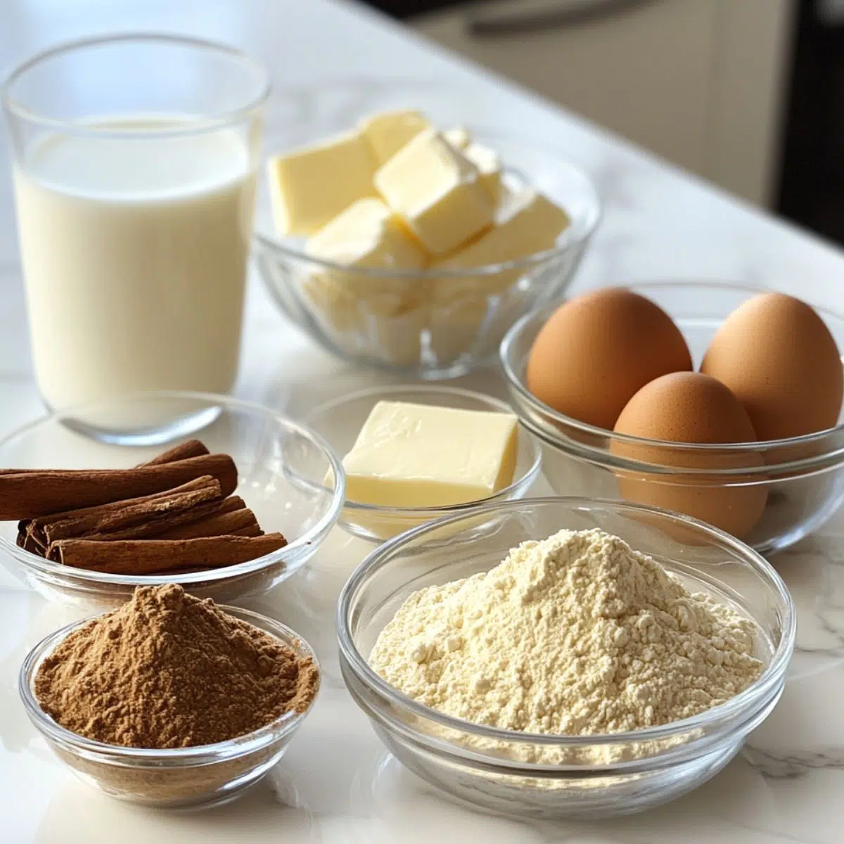 Ingredients for cinnamon roll pancake recipe laid out on counter
