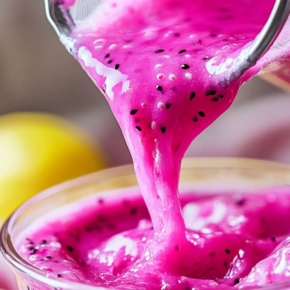 Pouring dragonfruit mixture into a lemonade pitcher