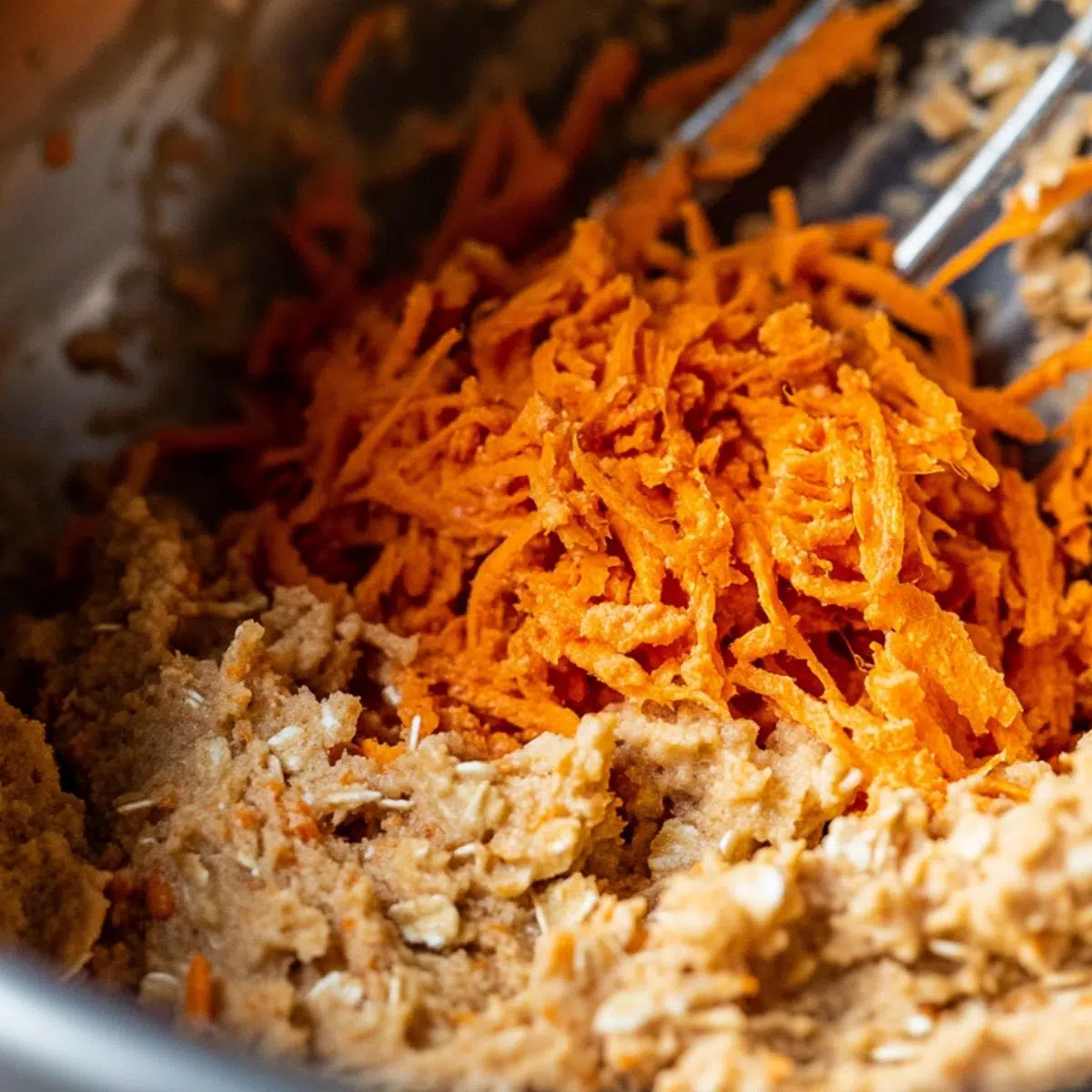 Folding grated carrots into oatmeal carrot cake batter