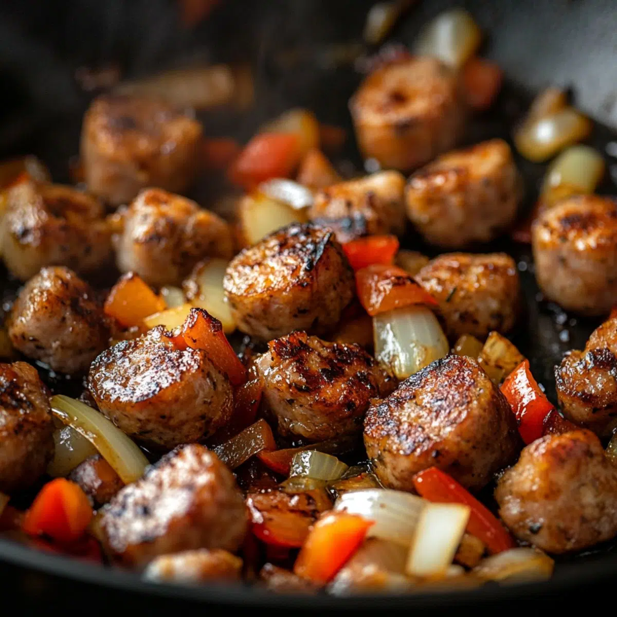 Sausage and vegetables cooking in a pan
