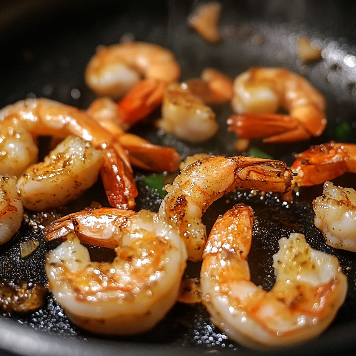 Shrimp cooking in a skillet with visible browning and spices.
