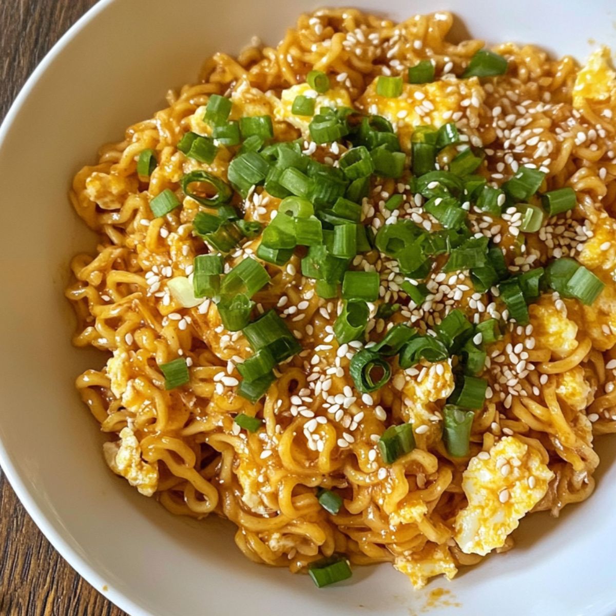 Homemade bowl of dragon noodles with spicy glaze, green onions, and sesame seeds on top