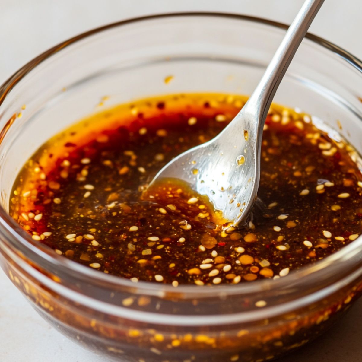 Dragon sauce being stirred in a bowl with visible ingredients