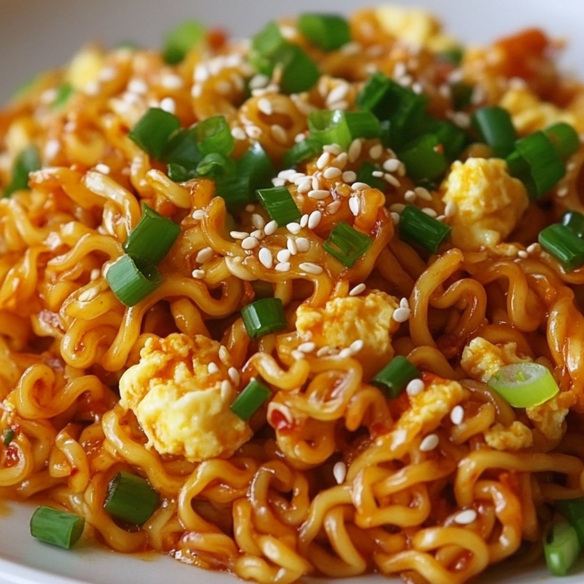 Dragon noodles mixed with scrambled egg and garnishes
