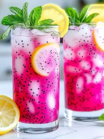 Two glasses of dragonfruit lemonade on a white kitchen counter