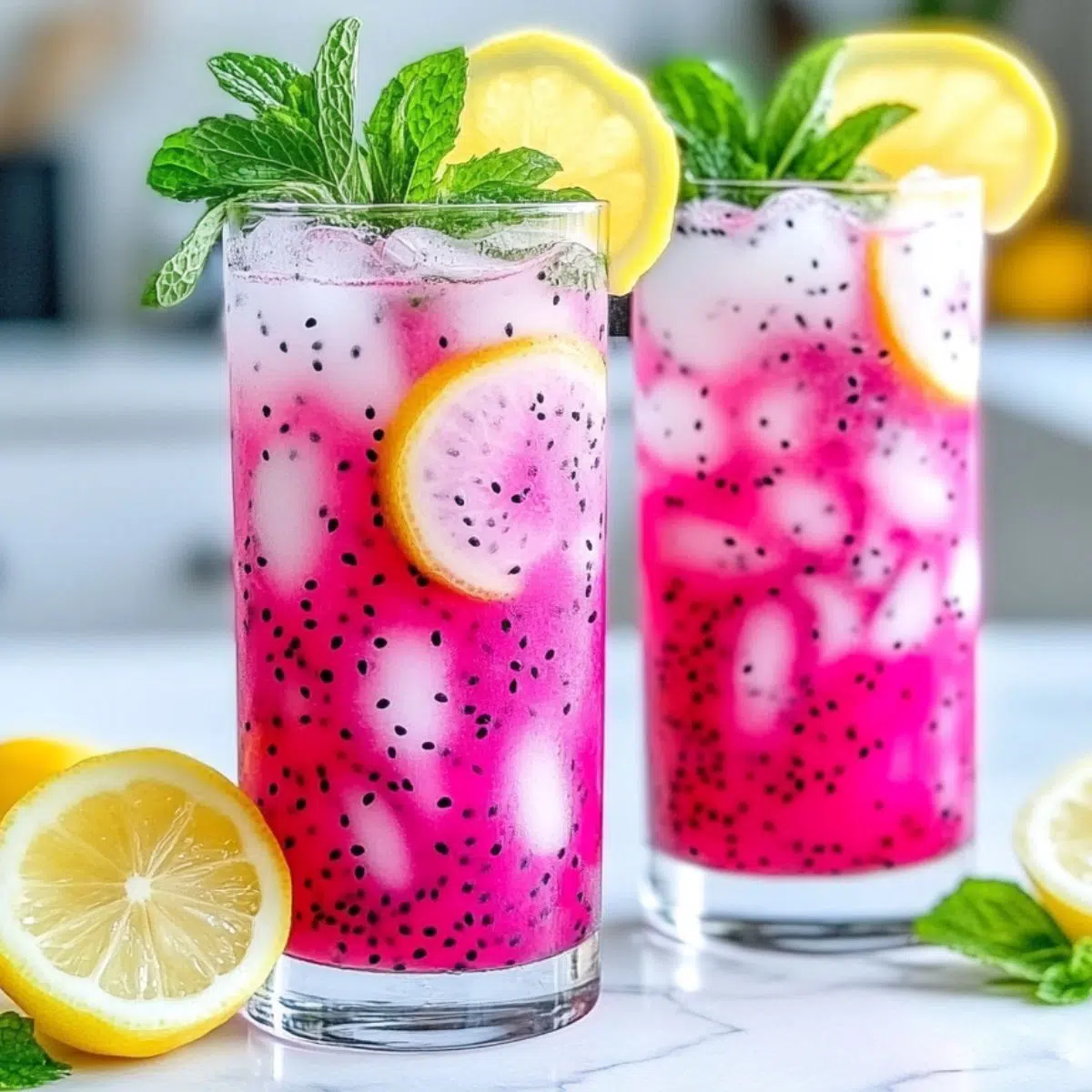 Two glasses of dragonfruit lemonade on a white kitchen counter