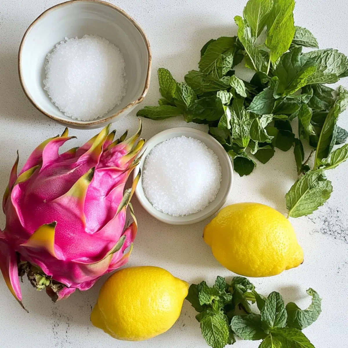 Ingredients for dragonfruit lemonade arranged on a white countertop