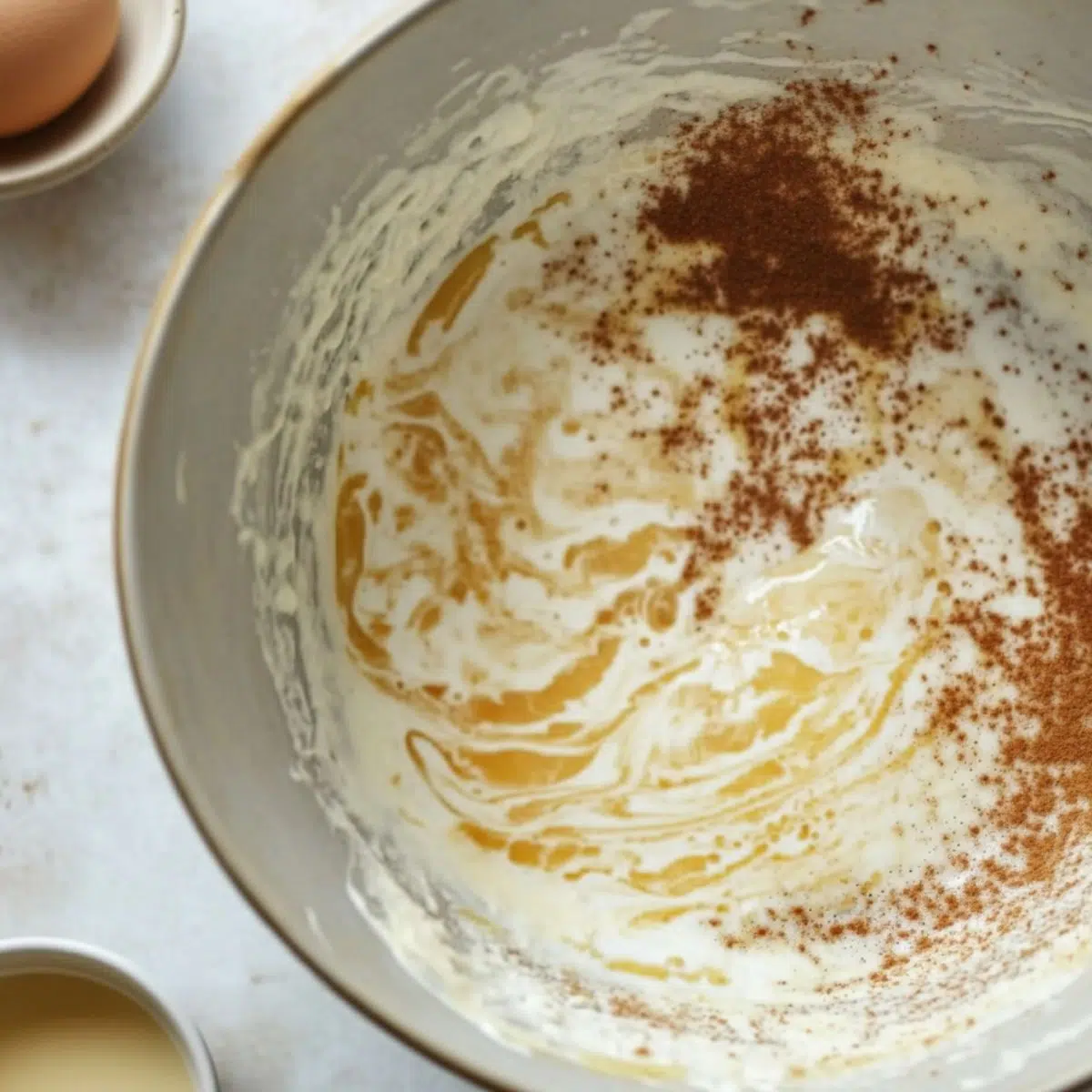  Whisked egg mixture with milk and spices in a bowl