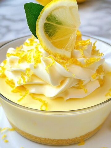 Homemade lemon cheesecake mousse in a glass with lemon slice and mint, shot from above
