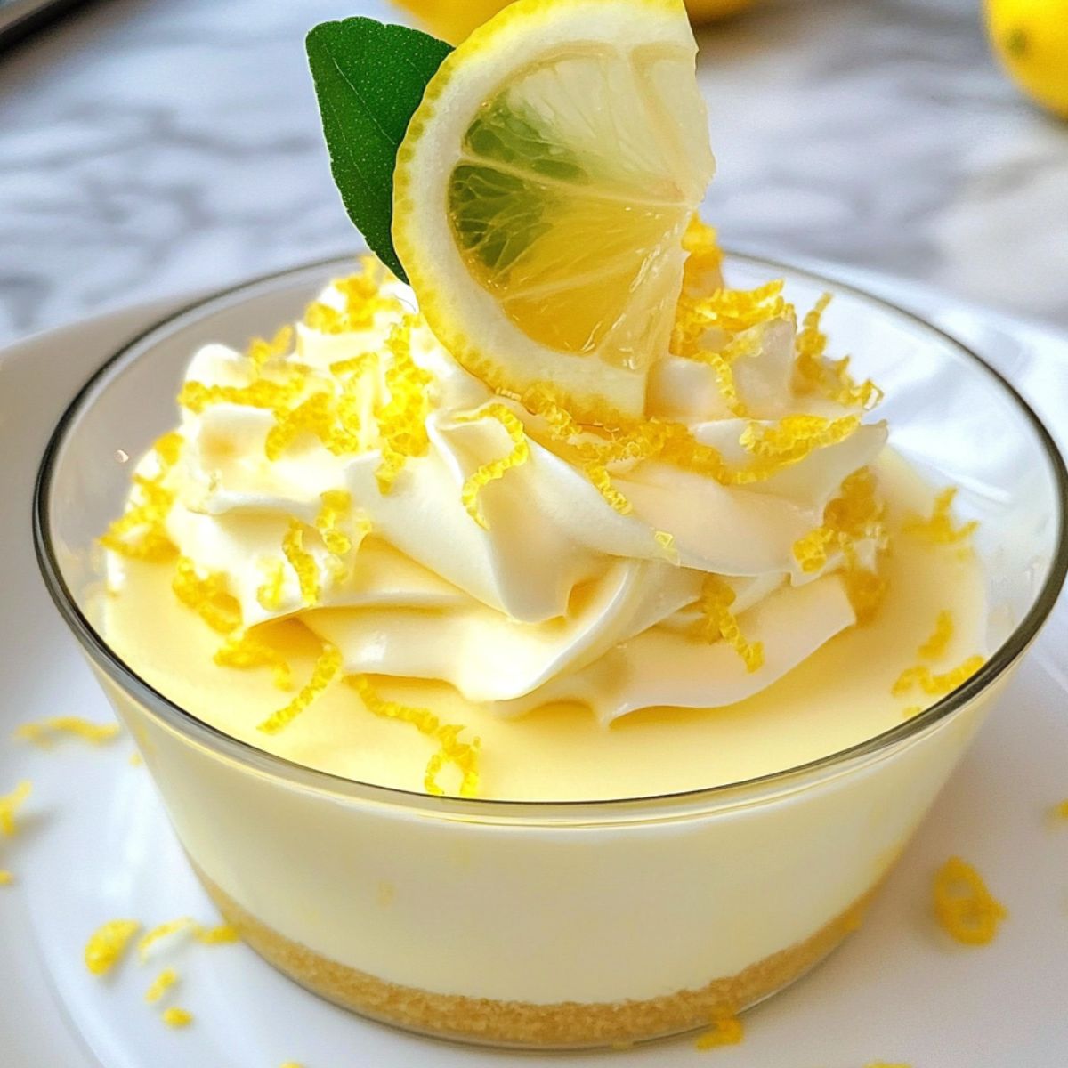 Homemade lemon cheesecake mousse in a glass with lemon slice and mint, shot from above
