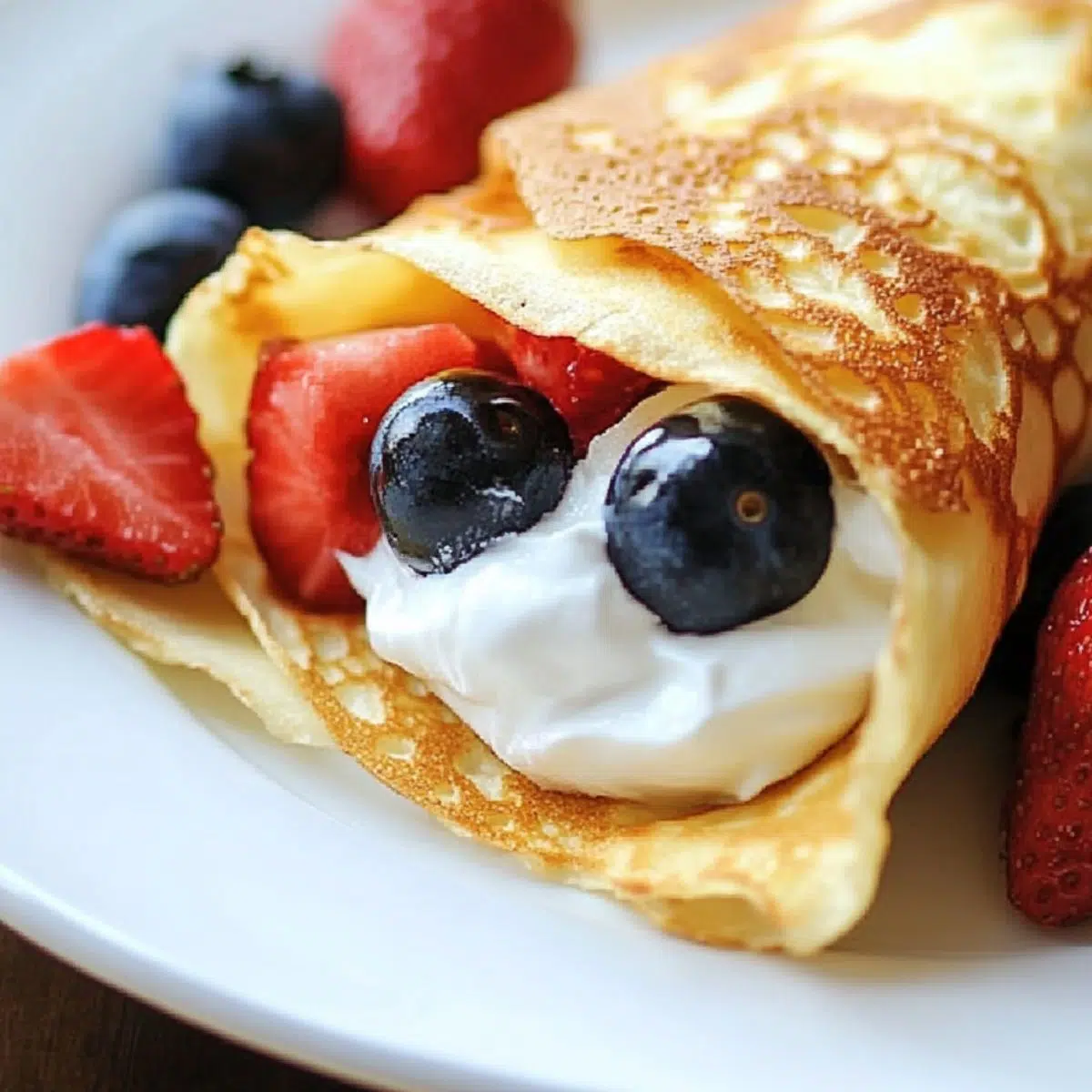 Freshly made 1 egg crepe folded on a white plate with a few berries, shot from above on a white kitchen counter