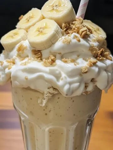 Homemade banana pudding milkshake served in a tall glass with toppings on a wooden table