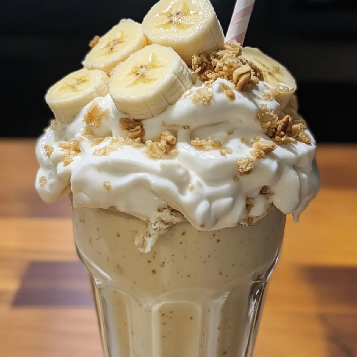 Homemade banana pudding milkshake served in a tall glass with toppings on a wooden table