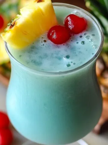 Blue Hawaiian Mocktail garnished with pineapple and cherry on a countertop