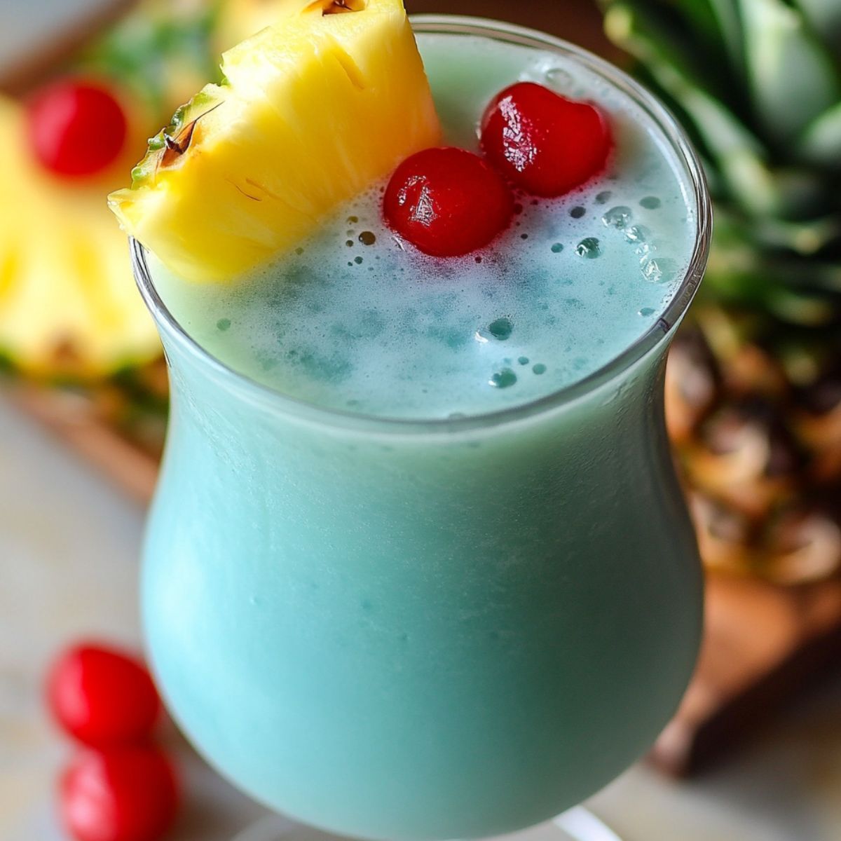 Blue Hawaiian Mocktail garnished with pineapple and cherry on a countertop