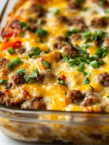 Gluten free egg and sausage casserole freshly baked in a glass dish