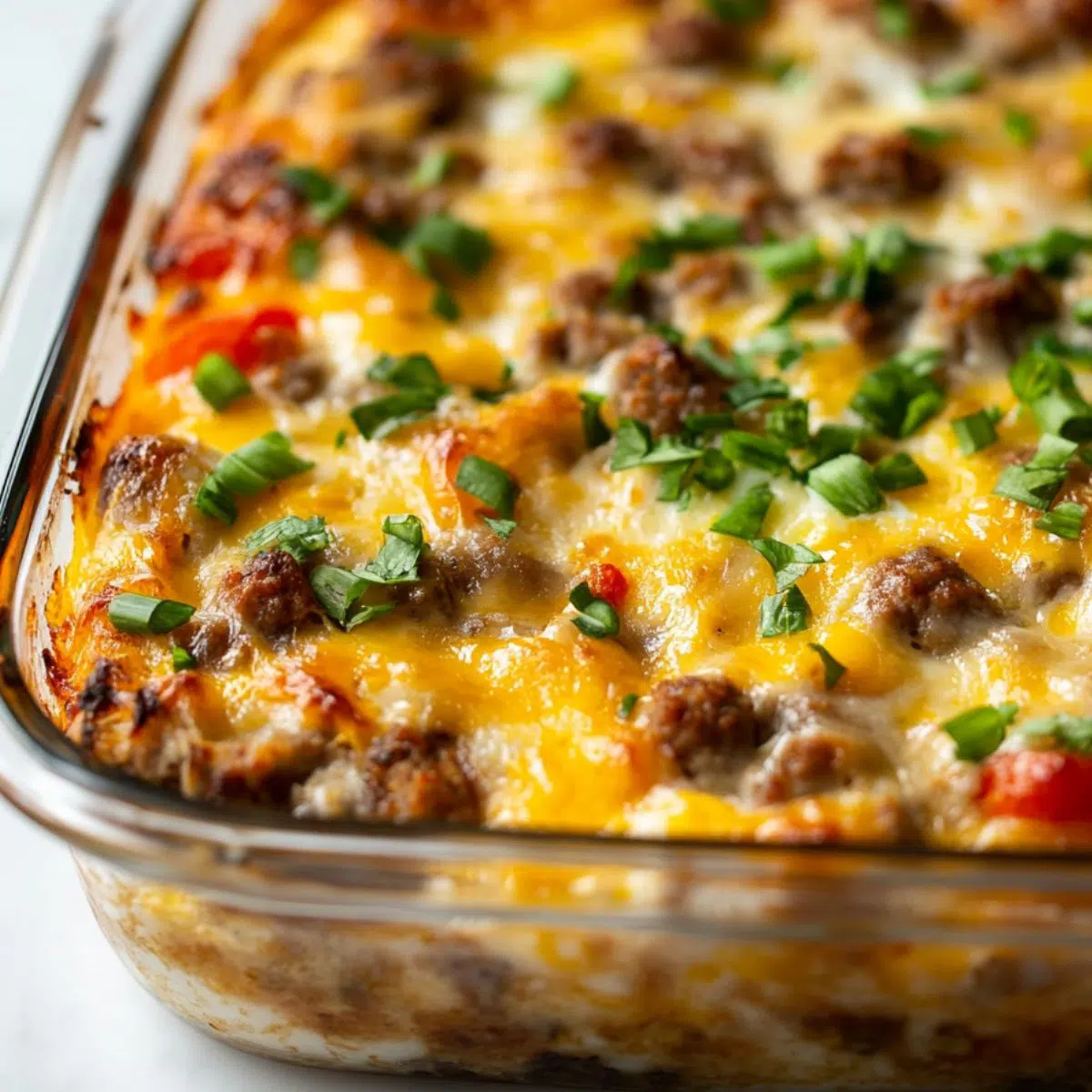 Gluten free egg and sausage casserole freshly baked in a glass dish