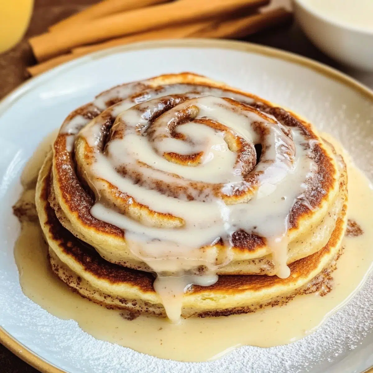 Fluffy cinnamon roll pancake recipe stacked with cream cheese glaze