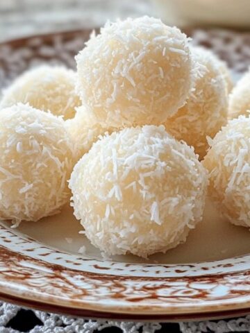 Homemade condensed milk snowballs coated in coconut and powdered sugar on a rustic plate