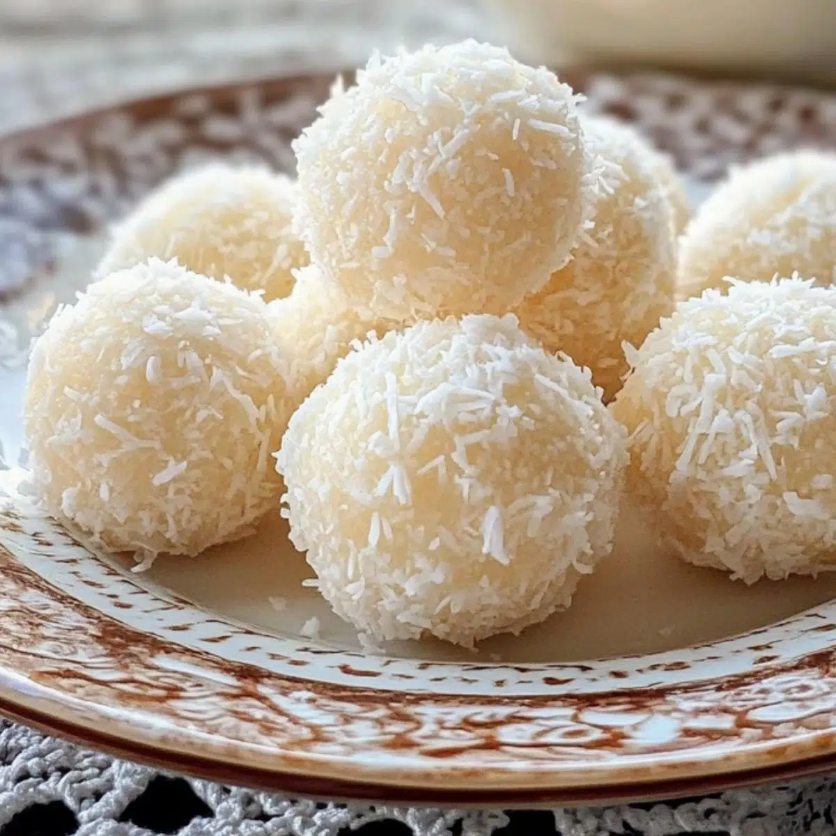 Homemade condensed milk snowballs coated in coconut and powdered sugar on a rustic plate