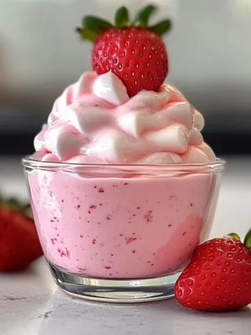 Fluffy keto strawberry mousse served in glass cups on a white counter