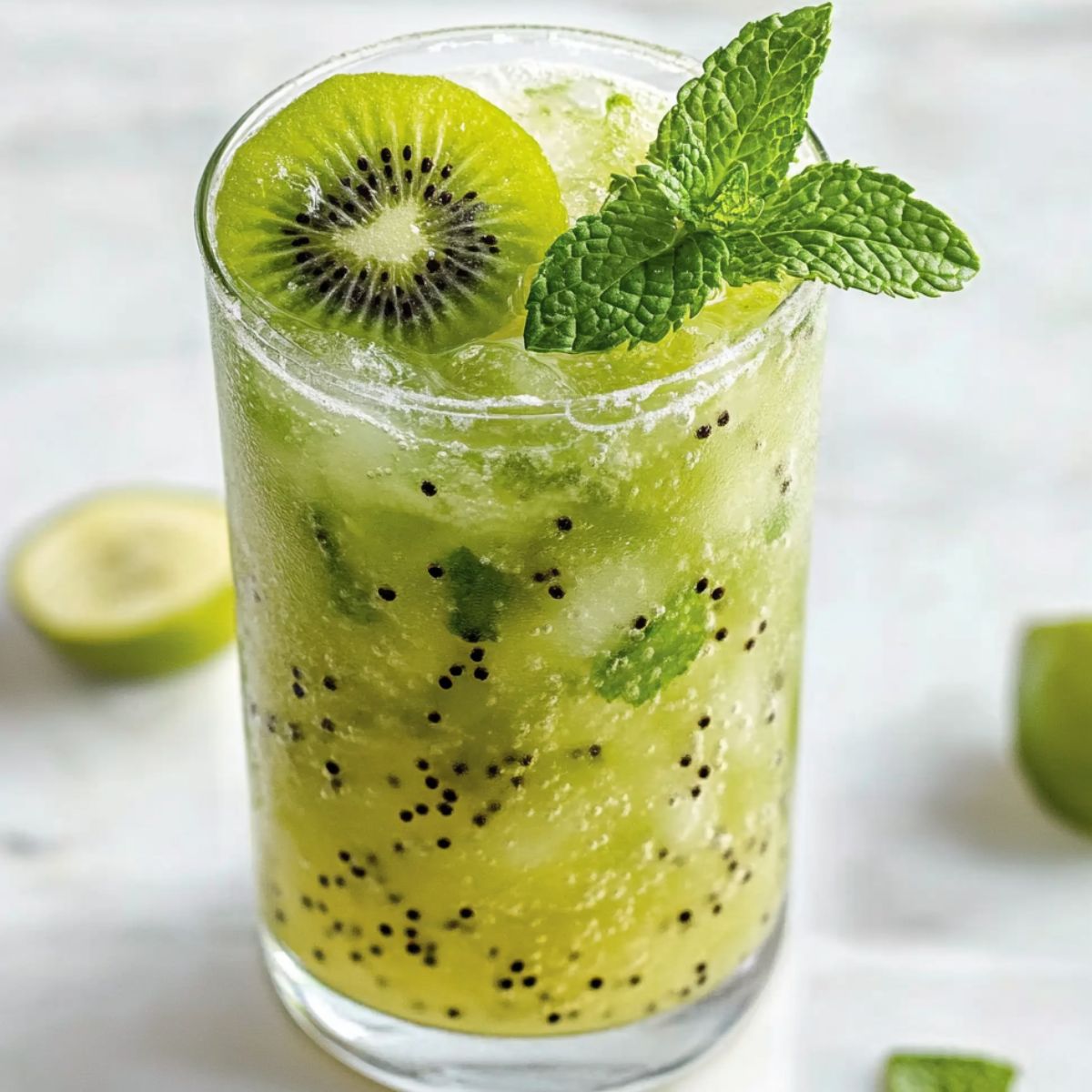  A tall glass of kiwi mint mojito garnished with mint and kiwi slices, sitting on a white kitchen counter.