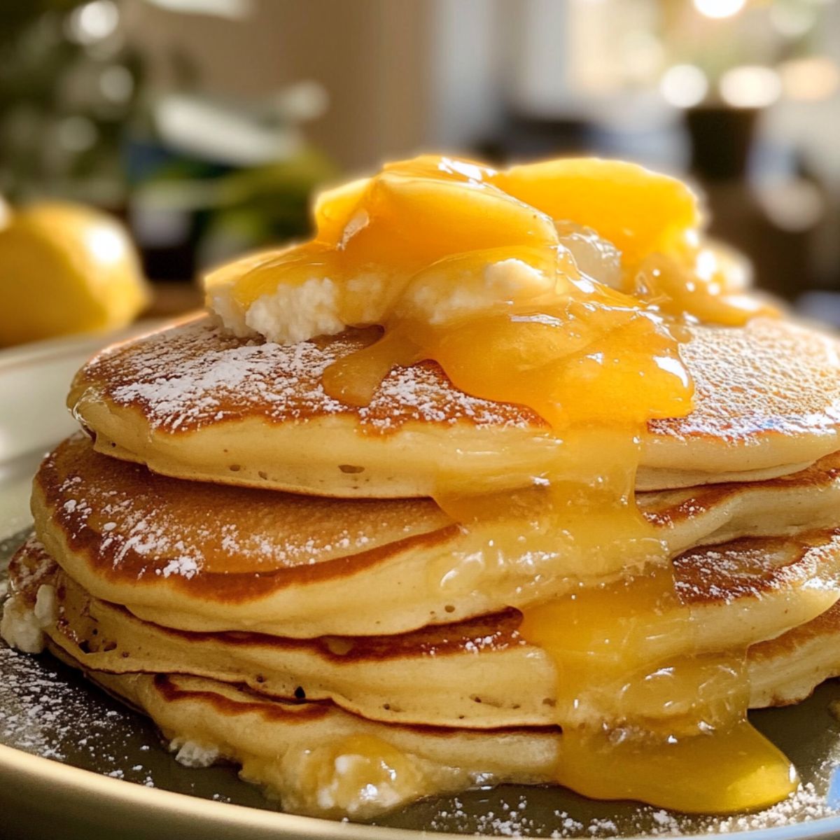 Stack of Lemon Curd Ricotta Pancakes with lemon curd 