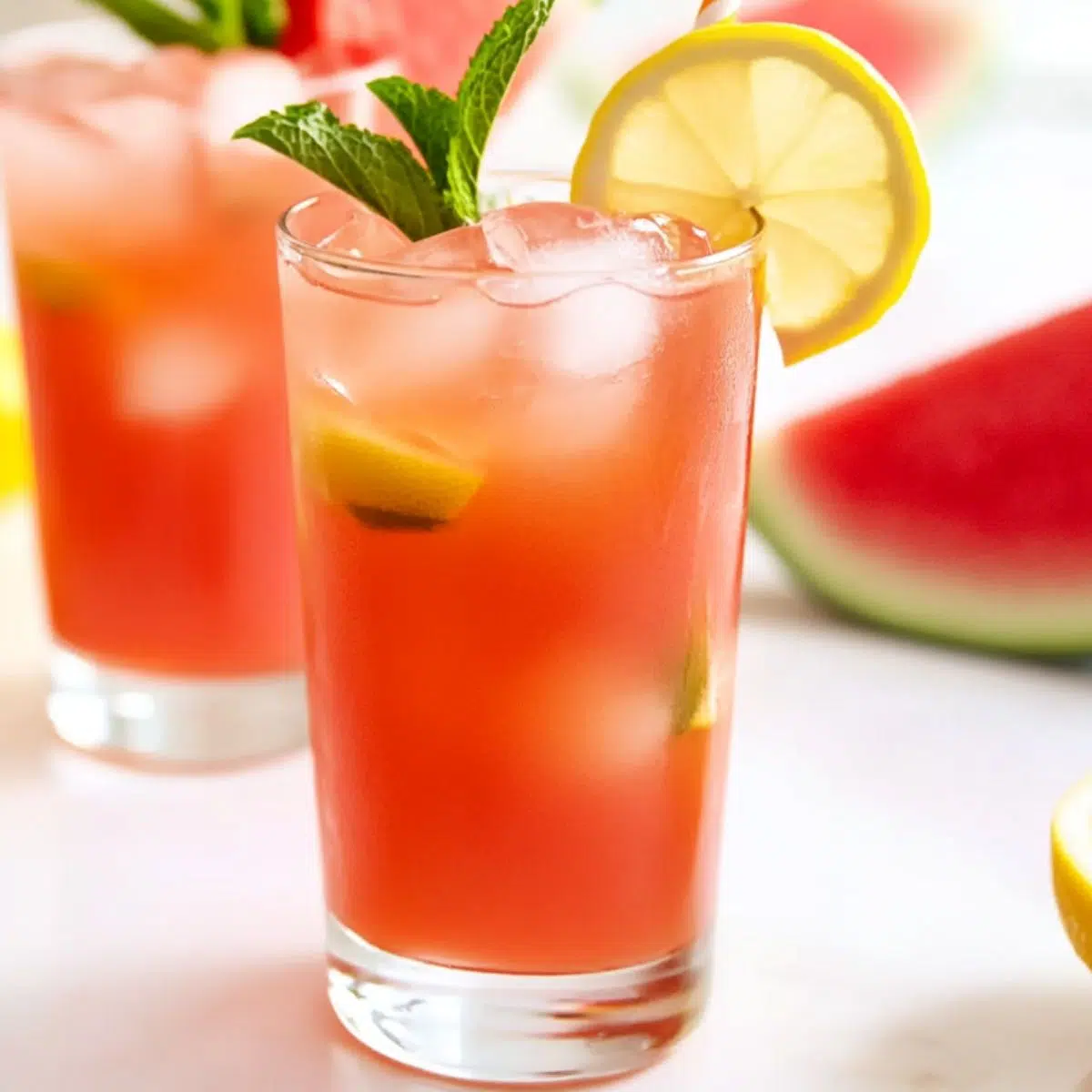 Watermelon mint lemonade in a glass with ice and mint on a kitchen counter