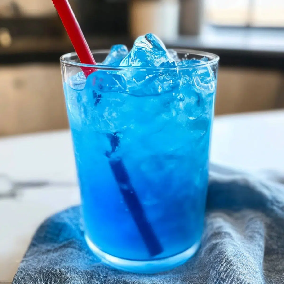 Glass of homemade Sonic Ocean Water with ice on a white kitchen counter