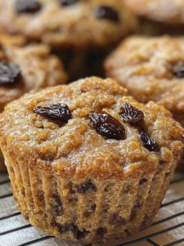 Freshly baked raisin bran muffins cooling on a white kitchen counter