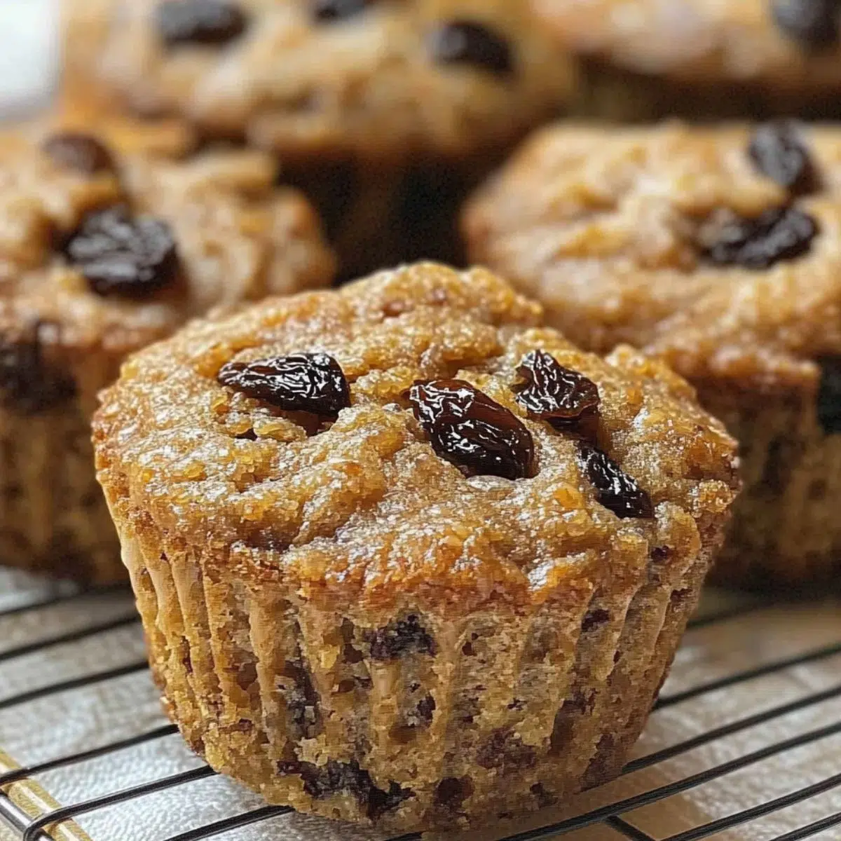 Freshly baked raisin bran muffins cooling on a white kitchen counter
