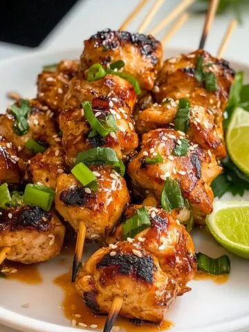Homemade Bang Bang Chicken Skewers Recipe served on a white platter with sauce and garnish