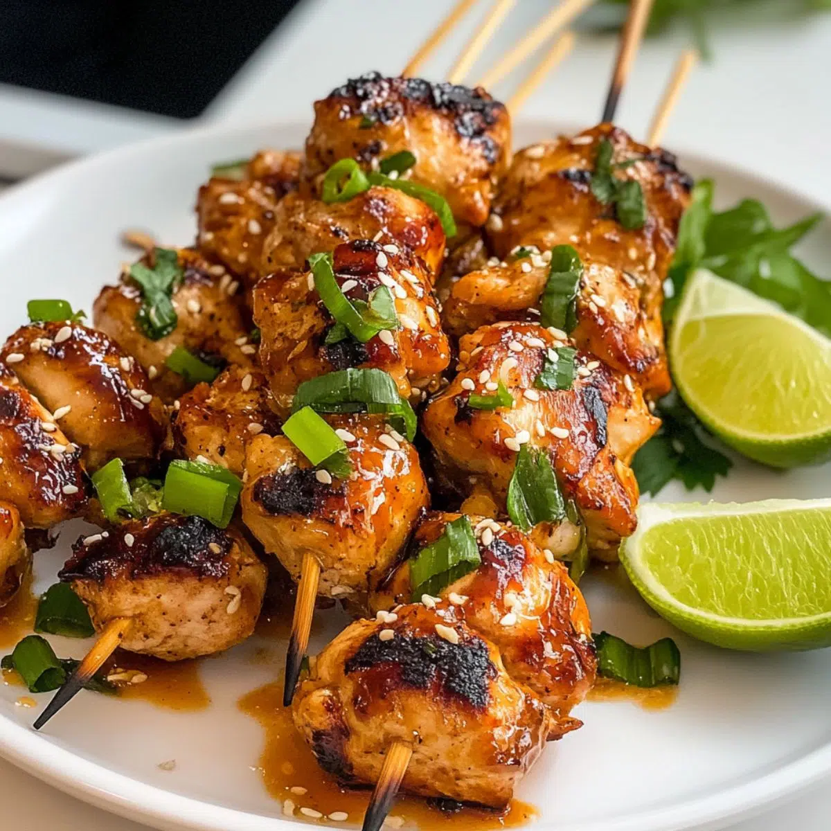 Homemade Bang Bang Chicken Skewers Recipe served on a white platter with sauce and garnish